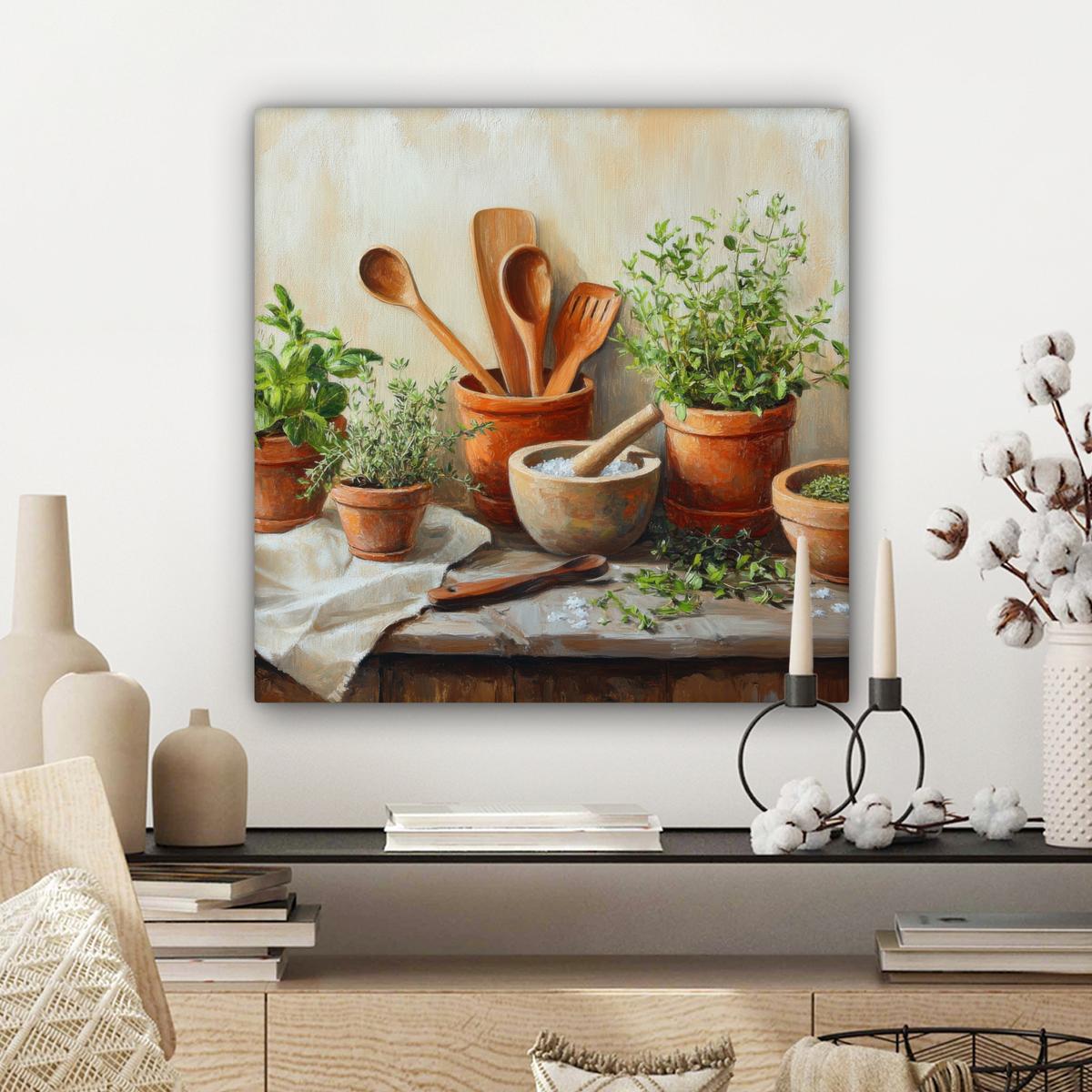 LEINWANDBILD Töpfe - Kräuter - Holz Wandbild Wohnzimmer 50x50 cm - Terracotta, Textil (50/50cm) - MuchoWow