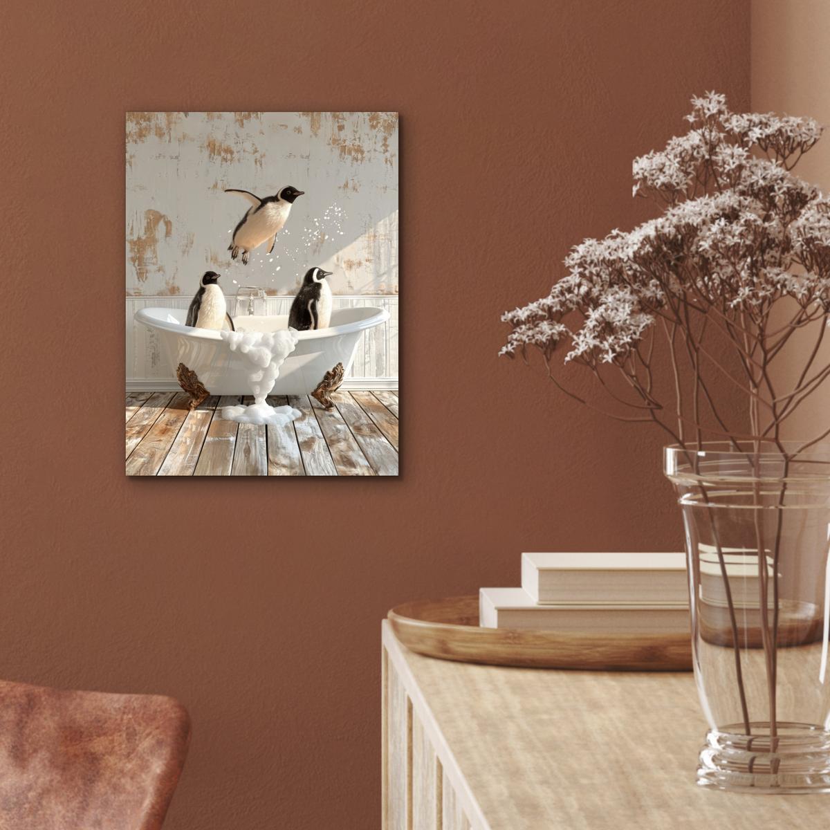 METALLBILD Vintage - Pinguin - Badewanne - Schaumstoff 30x40 cm - Schwarz, Metall (30/40cm) - MuchoWow