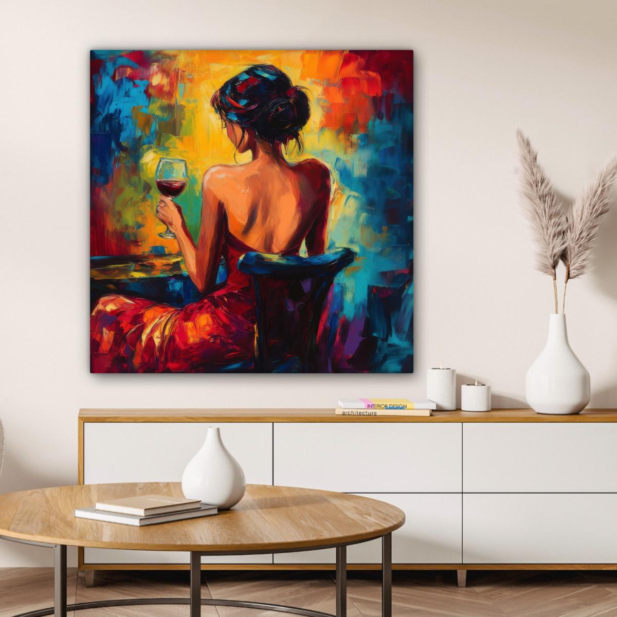 LEINWANDBILD Wein - Frau - Stimmungsvoll - Farbenfroh Deko Groß 90x90 cm - Bordeaux, Textil (90/90cm) - MuchoWow