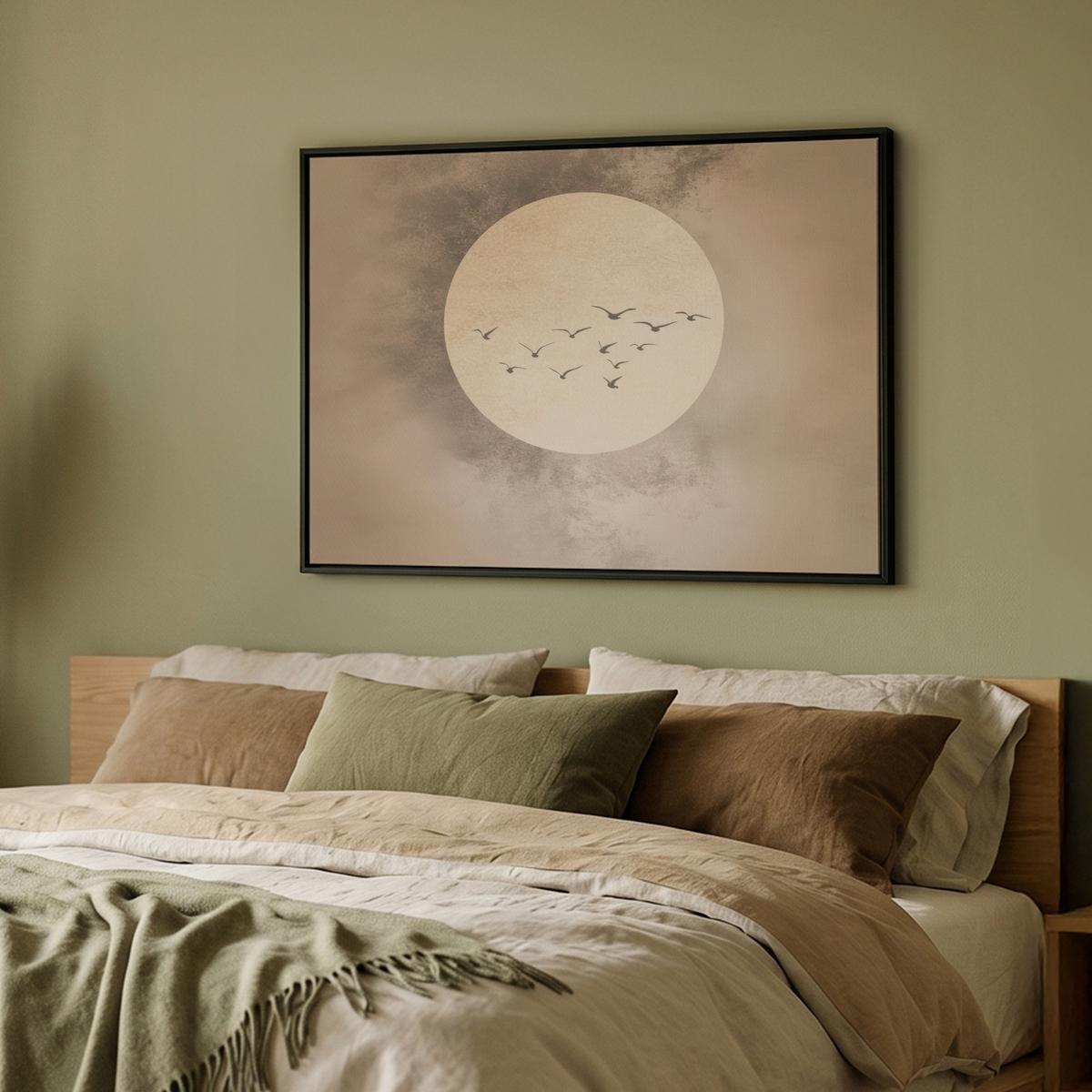 LEINWAND Bilder mit Rahmen - Vogel - Beige - Japanisch - 100x70 - Taupe, Textil (100/70cm) - MuchoWow