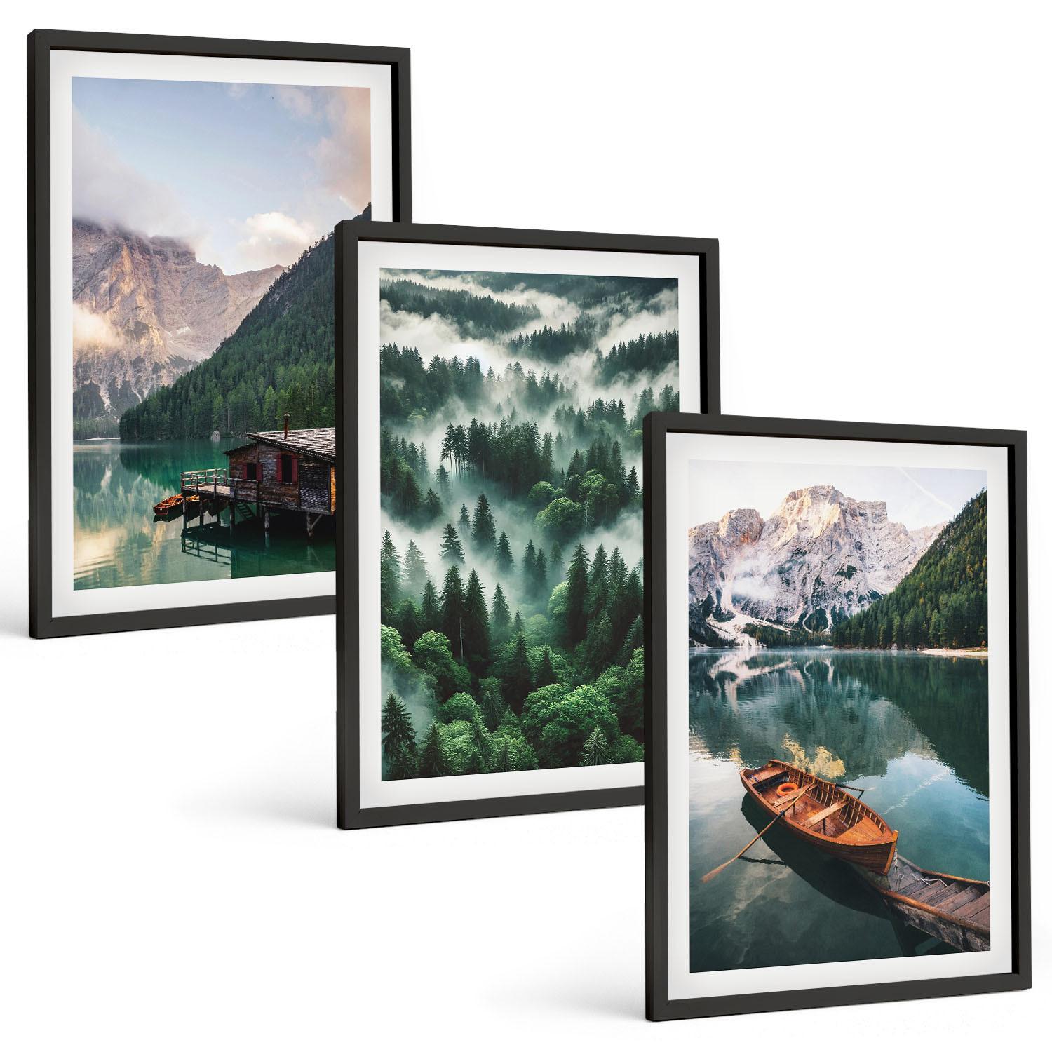 BILDER SET 3er Set - 40x60 cm Schwarzer Rahmen - Bergsee, Boot, Waldnebel - Schwarz, Kunststoff (40/60cm) - TULUP