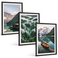 BILDER SET 3er Set - 40x60 cm Schwarzer Rahmen - Bergsee, Boot, Waldnebel - Schwarz, Kunststoff (40/60cm) - TULUP