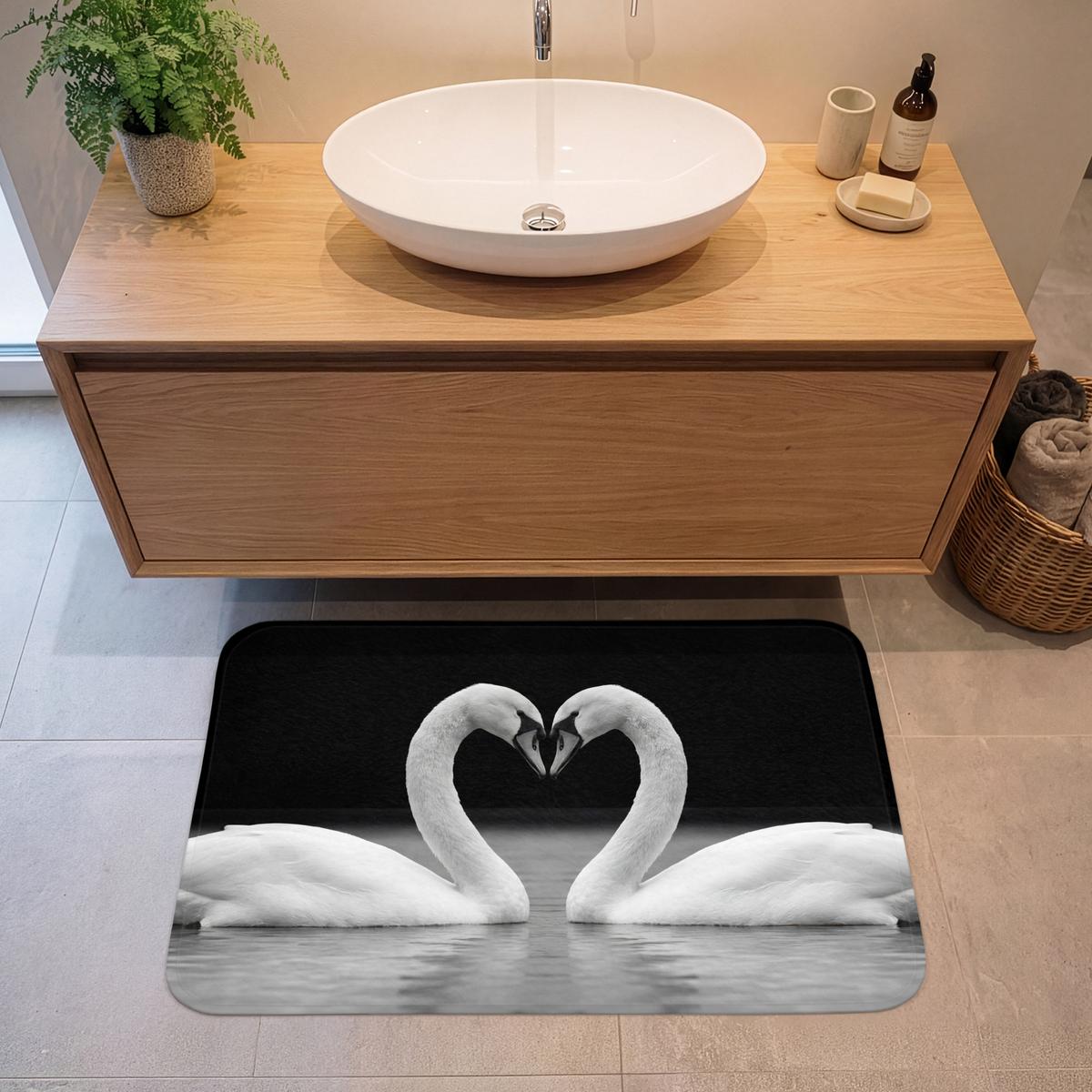 BADEMATTE Schwäne - Herz - Schwarz - Weiß 90x60 cm - Schwarz, Textil (90/60cm) - OnlyWow