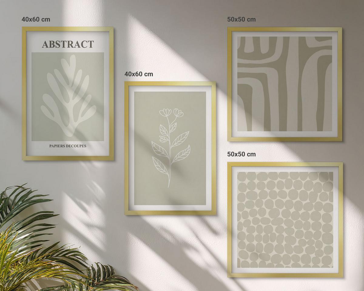 BILDER SET 4er Set - 50x50 cm & 40x60 cm Goldrahmen - Pflanzen- und geometrische Muster - Goldfarben, Kunststoff (50/50cm) - TULUP