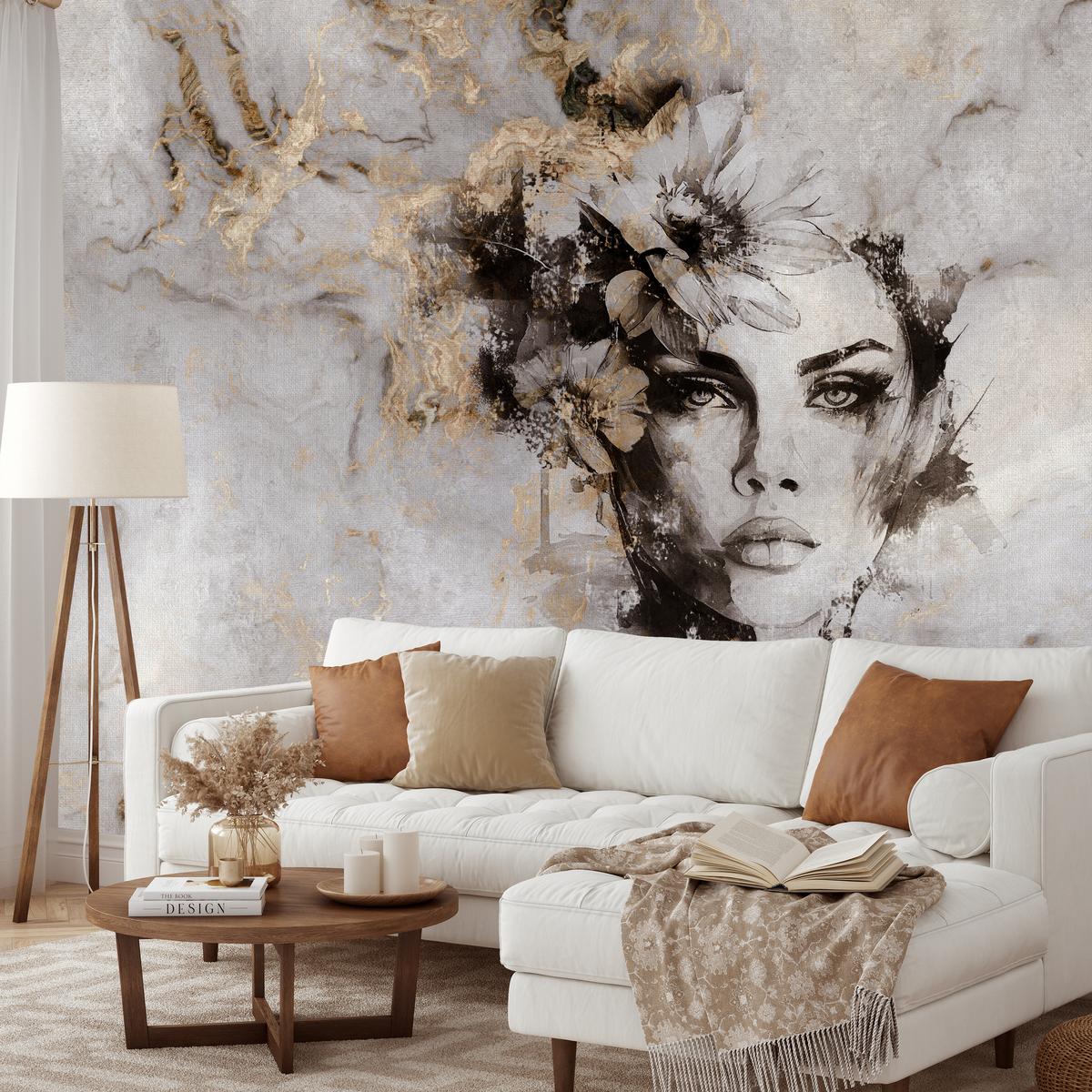 FOTOTAPETE für Wohnzimmer Frau Porträt Beton Blumen Modern 450x315 - Gelb/Beige, Papier (450/315cm) - Muralo