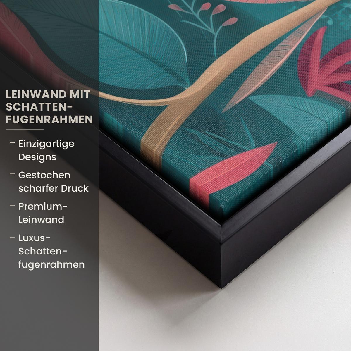 LEINWAND Bilder mit Rahmen - Kakadu - Tropische Blätter - Zweig - 40x30 - Petrol, Textil (40/30cm) - MuchoWow