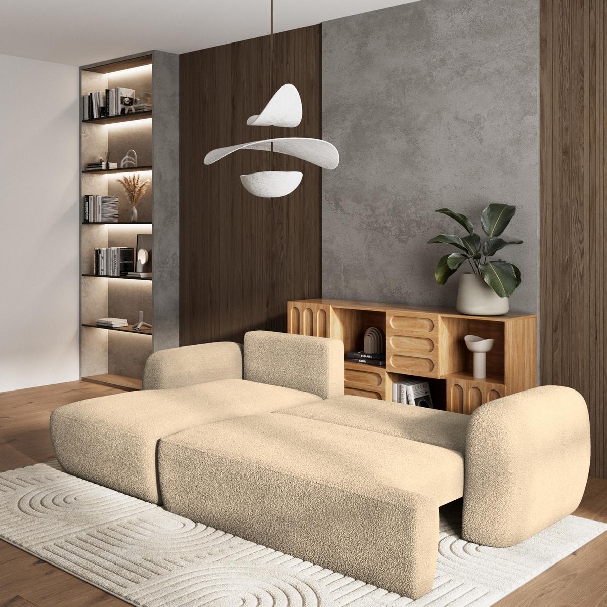 ECKSOFA MODENZA N L-S Creme Boucle-Stoff mit Schlaffunktion - Creme/Schwarz, Holz/Kunststoff (266/148cm) - MASSENO