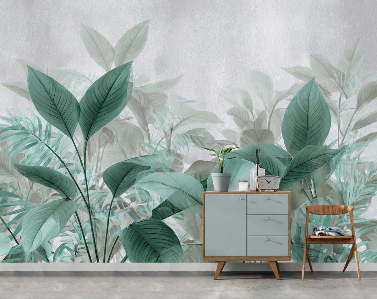 FOTOTAPETE Blätter Grün Betonwand Natur Wohnzimmer 400x280 - Multicolor, Papier (400/280cm) - Wallarena