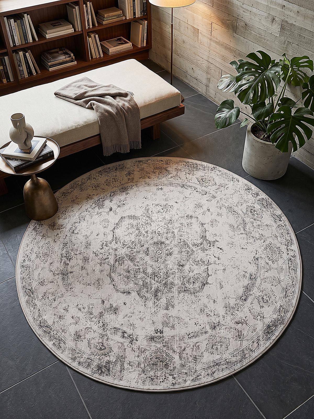TEPPICH Kurzflor, waschbar, mit floralen Ornamenten, VERNANTE in Beige-Grau, Ø 200 cm - Beige, Textil (200/200cm) - KADIMA DESIGN