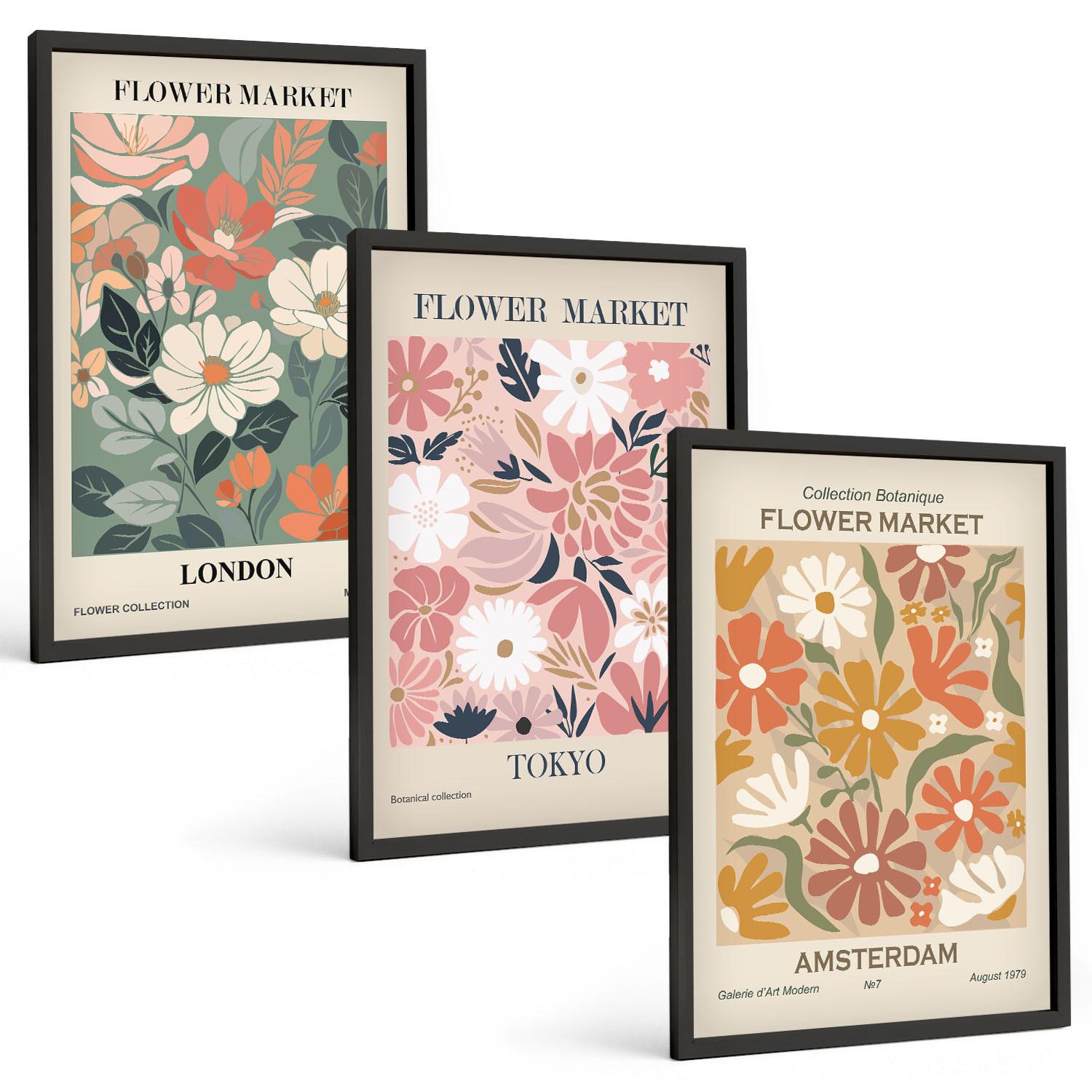BILDER SET 3er Set - 40x60 cm Schwarzer Rahmen - Blumenmuster London Tokio Amsterdam - Schwarz, Kunststoff (40/60cm) - TULUP