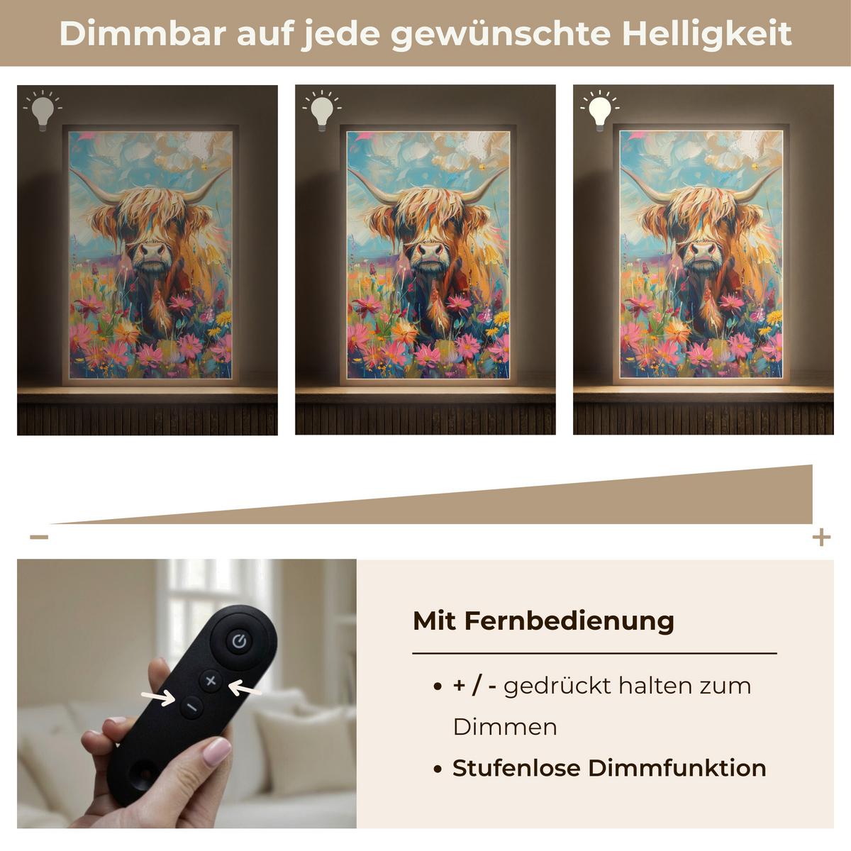 WANDLEUCHTE MIT AKKU Schottische Hochländer - Natur - Farbenfroh - Blumen 40x60 cm - Multicolor, Holzwerkstoff (40/60/8cm) - OnlyWow
