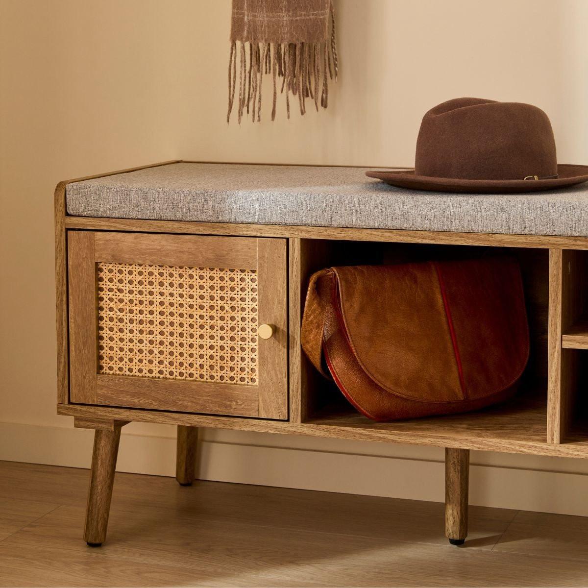 SCHUHBANK 1 Tür mit Rattanfront und 3 offenen Fächern L100 cm 39/100/49 cm - Apfelbaumfarben, Holzwerkstoff (100/49/39cm) - Calicosy