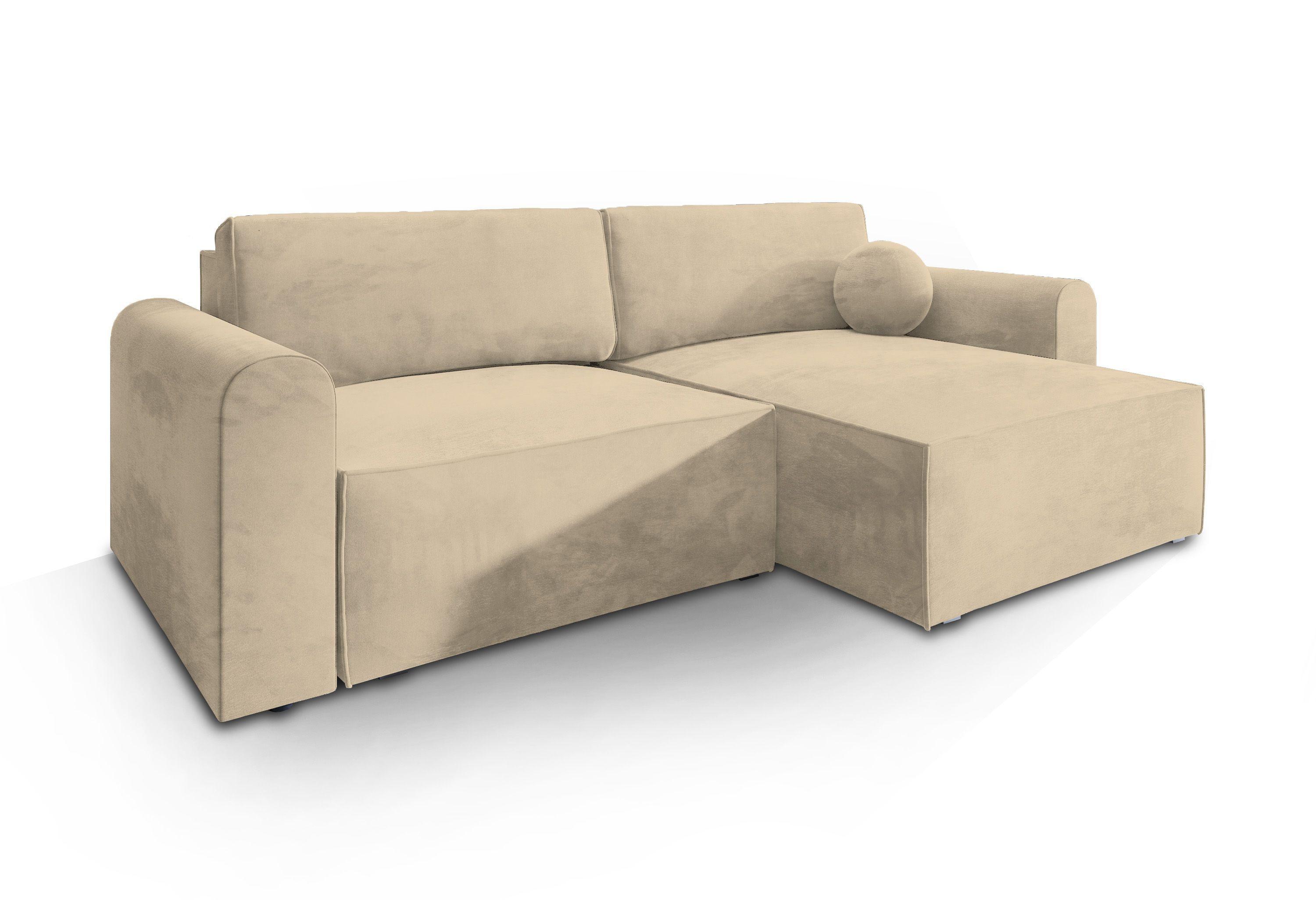 ECKSOFA FIANO M Creme Velours-Stoff mit Schlaffunktion - Creme/Grau, Holz/Kunststoff (245/148cm) - MASSENO
