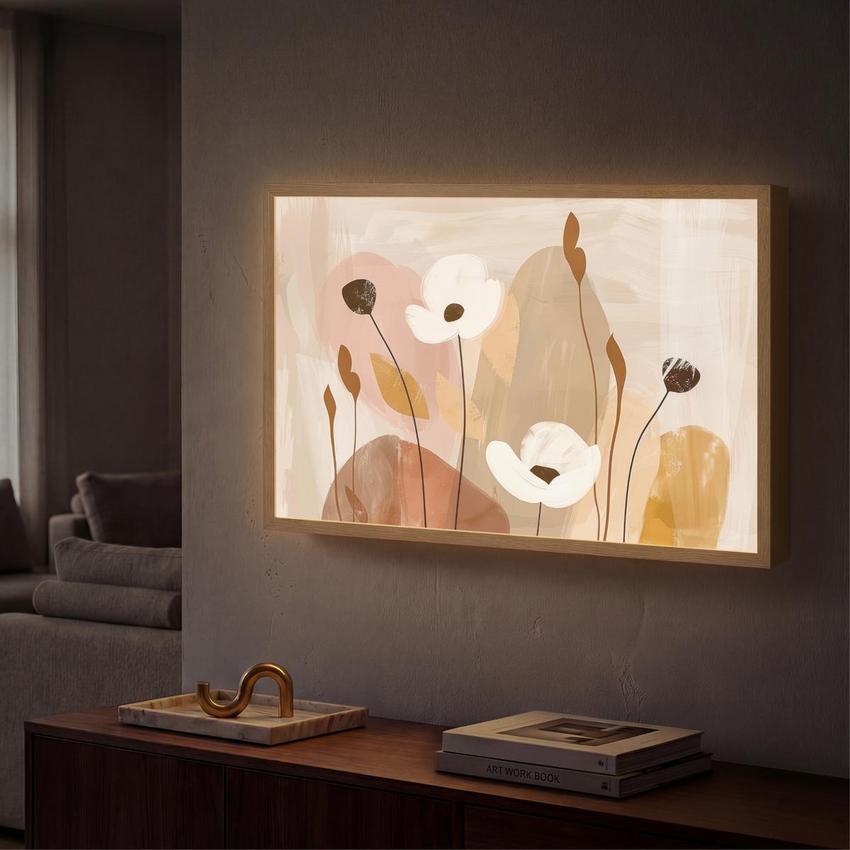 WANDLEUCHTE MIT AKKU Blumen - Abstrakt - Beige - Strichzeichnung 60x40 cm - Sandfarben, Holzwerkstoff (60/40/8cm) - OnlyWow