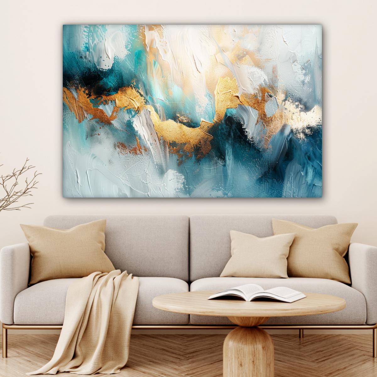 LEINWANDBILD Abstrakt - Kunst - Gold - Blau XXL 150x100 cm - Petrol, Textil (150/100cm) - MuchoWow