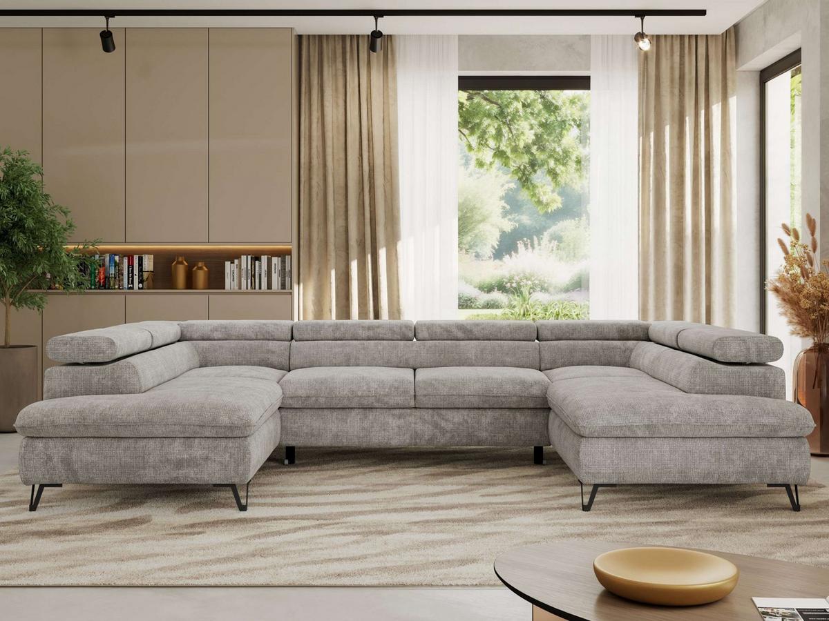 WOHNLANDSCHAFT PABLO U Schenille grob gewebt Hellgrau mit Topper Visco - Hellgrau/Schwarz, Textil/Metall (346/76/208cm) - MKS