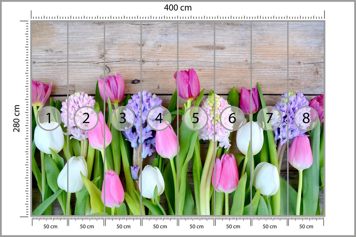 FOTOTAPETE für Küche Rosa Tulpen Violette Hyazinthen Holztisch 400x280 - Ecru/Violett, Papier (400/280cm) - Muralo