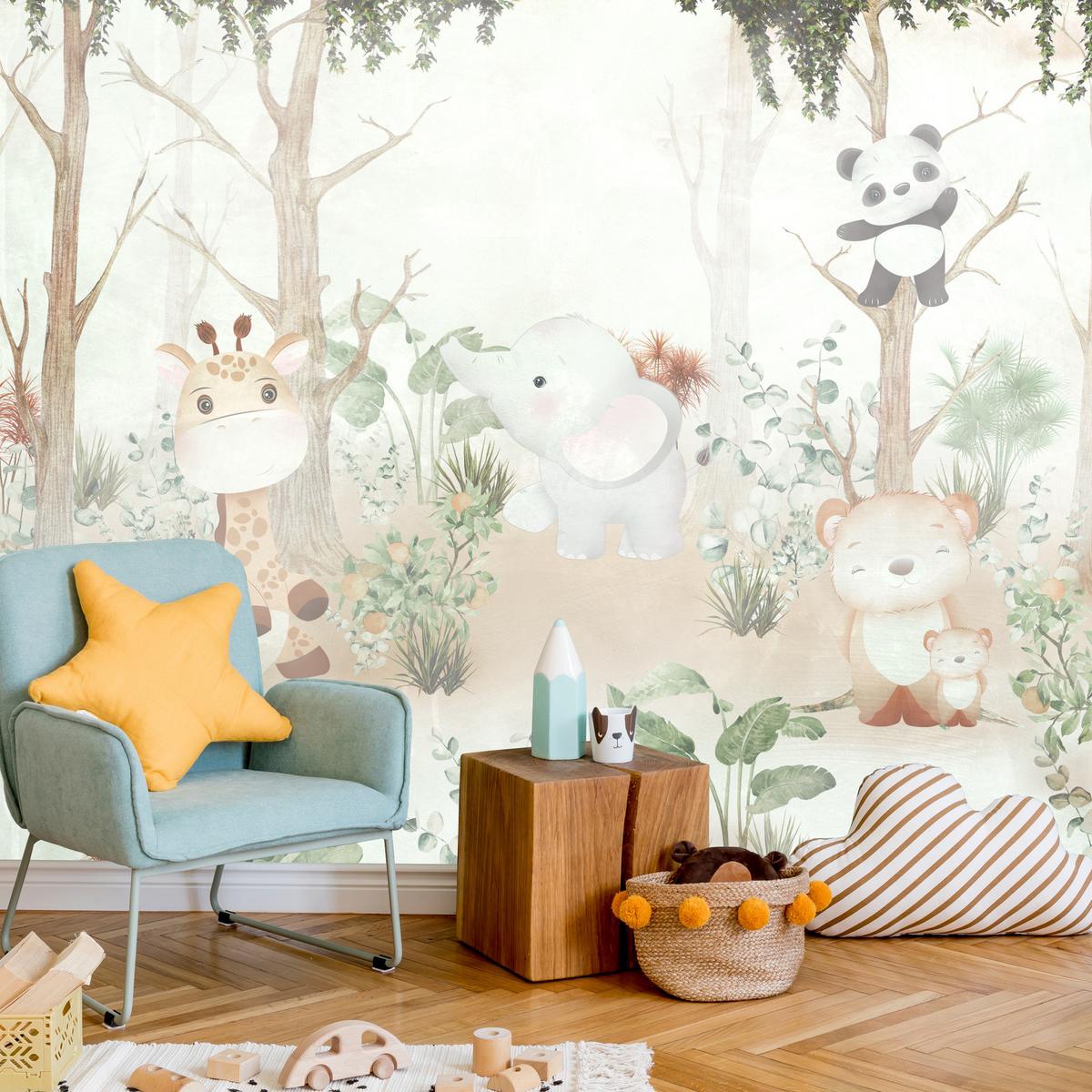 FOTOTAPETE für Kinder Tiere Wald Pflanzen 100x70 - Beige/Orange, Papier (100/70cm) - Muralo