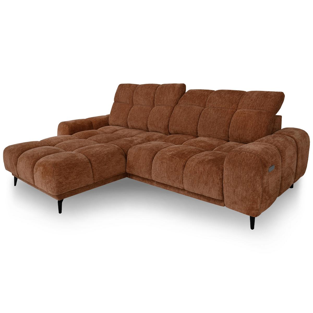 ECKSOFA Marco Mini mit elektrisch ausfahrbarem Sitz und verstellbaren Kopfstützen, Links, Chenille-Stoff, Dunkelorange - Dunkelorange/Schwarz, Textil (275/182cm) - Beautysofa