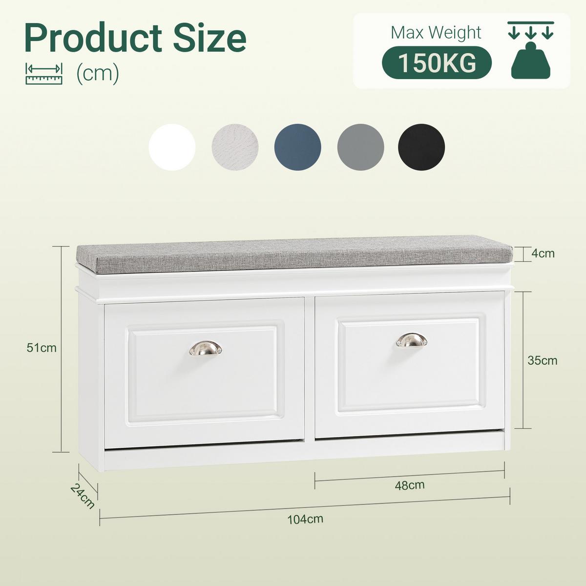SCHUHBANK weiß, 104x52x24 cm, 2 Klappen für 8 Paar, Sitzpolster, bis 150 kg, schmal für Flur & Diele - Weiß, Holzwerkstoff (104/52/24cm) - SoBuy