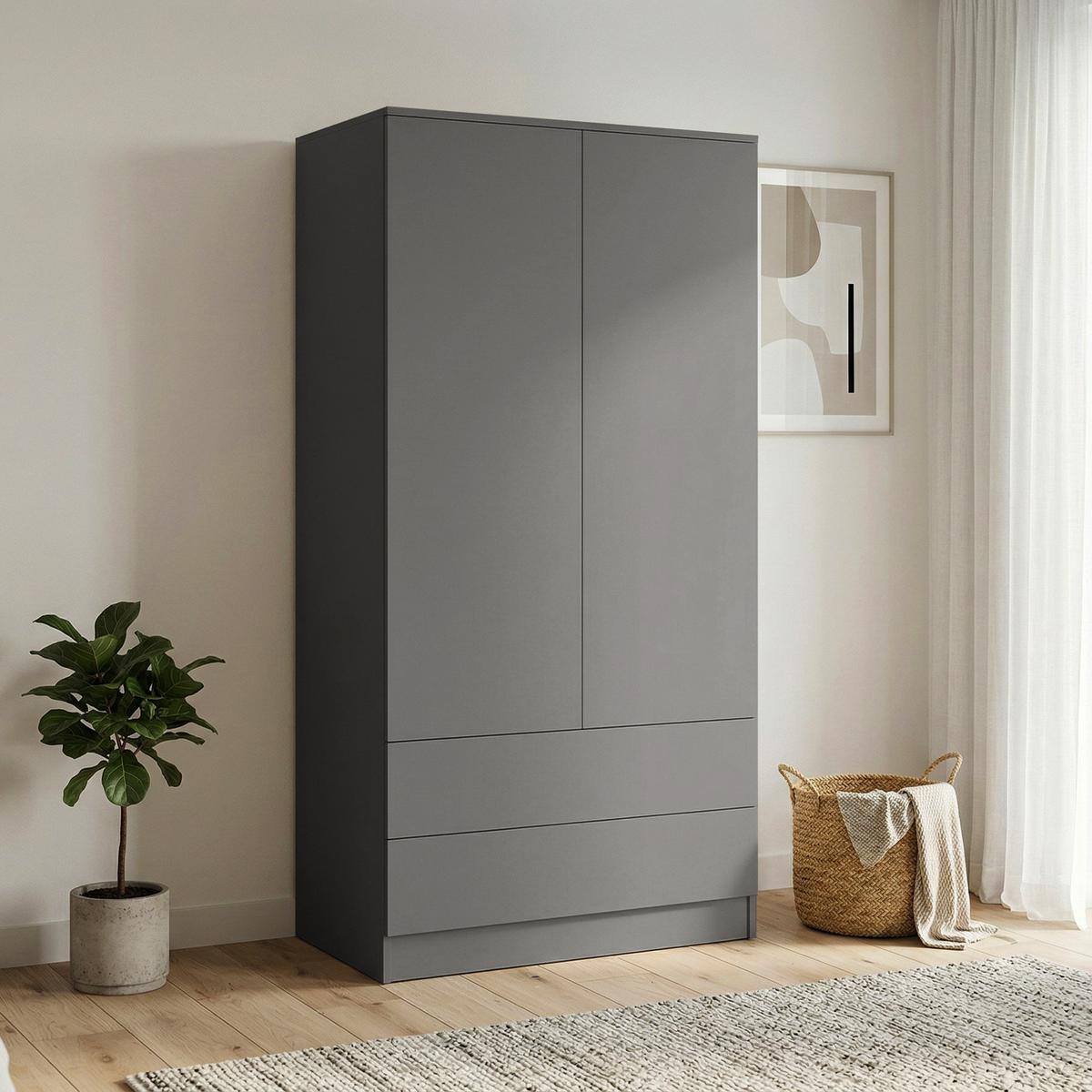 DREHTÜRENSCHRANK Look mit 2 Türen und Schubladen, 90 cm, graphitfarben - Graphitfarben, Holzwerkstoff (90/180/50cm) - Beautysofa