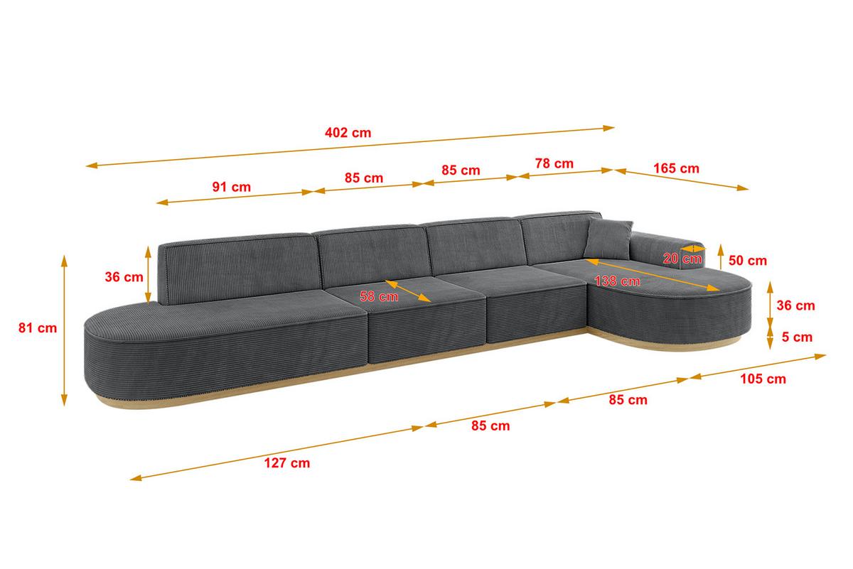 ECKSOFA Ottomane Rechts MARI-L3-v2 - 413x171x83 cm Dunkelgrau Cord - Dunkelgrau, Holzwerkstoff/Textil (171/413cm) - ALTDECOR