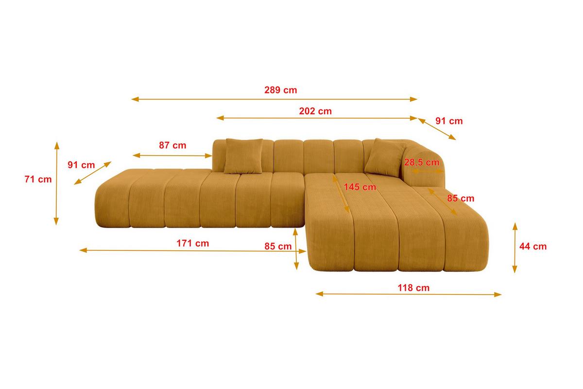 ECKSOFA Ottomane Rechts BILA-L 289x176x71 Senfgelb Cord - Currygelb/Dunkelgelb, Holzwerkstoff/Kunststoff (289/176cm) - ALTDECOR