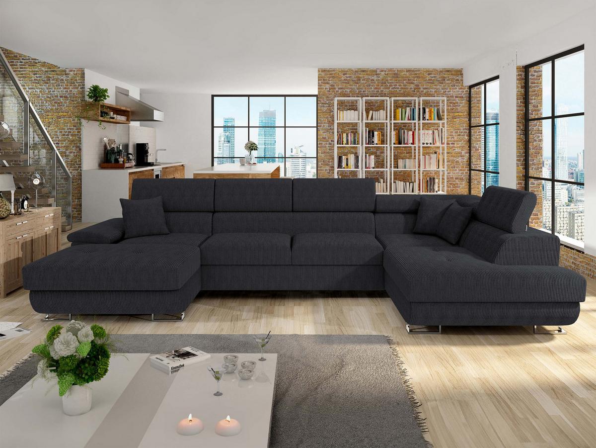 WOHNLANDSCHAFT Cotere Bis Cord, Seite: Rechts - Schwarz, Holz (345/91/202cm) - MIRJAN24