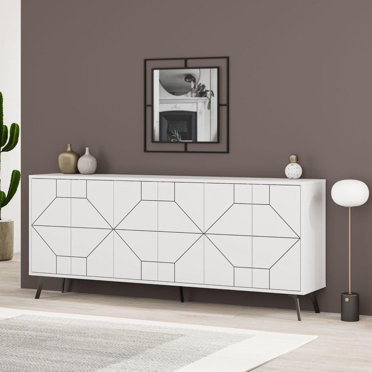 SIDEBOARD mit 6 dekorierten Türen L184 cm - Dune - Weiß, Holzwerkstoff (35/77.4/9cm) - Calicosy