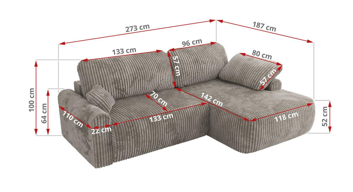 ECKSCHLAFSOFA CUBO L Hellbraun Cord - links - Hellbraun/Schwarz, Kunststoff/Textil (273/187cm) - MKS