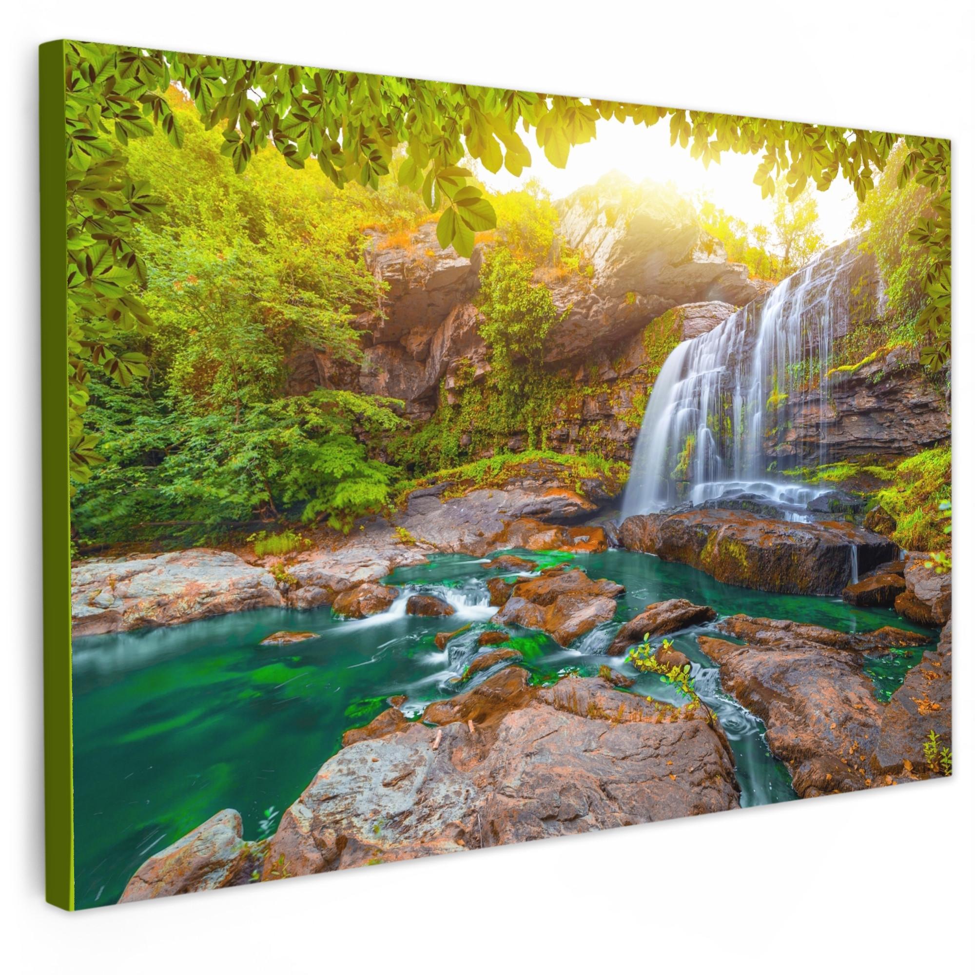 LEINWANDBILD Natur - Wasserfall - Pflanzen - Bäume - Sonne Deko Schlafzimmer 30x20 cm - Olivgrün, Textil (30/20cm) - MuchoWow