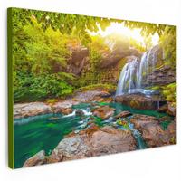 LEINWANDBILD Natur - Wasserfall - Pflanzen - Bäume - Sonne Deko Schlafzimmer 30x20 cm - Olivgrün, Textil (30/20cm) - MuchoWow