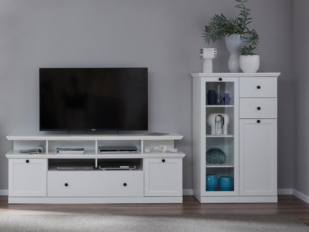 WOHNWAND weiß Set 3-teilig 273 cm, Wohnzimmer Schränke im landhaus-Stil - Silberfarben/Weiß, Glas/Holzwerkstoff (273/180/41cm) - Top.Furn