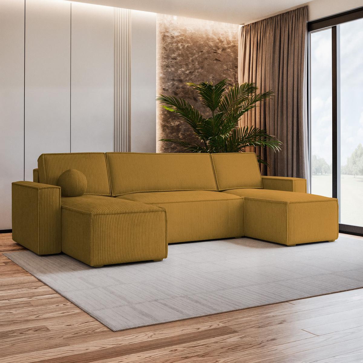 WOHNLANDSCHAFT PESANO P Gelb Kordstoff mit Schlaffunktion - Gelb/Grau, Holz/Kunststoff (306/85/140cm) - MASSENO