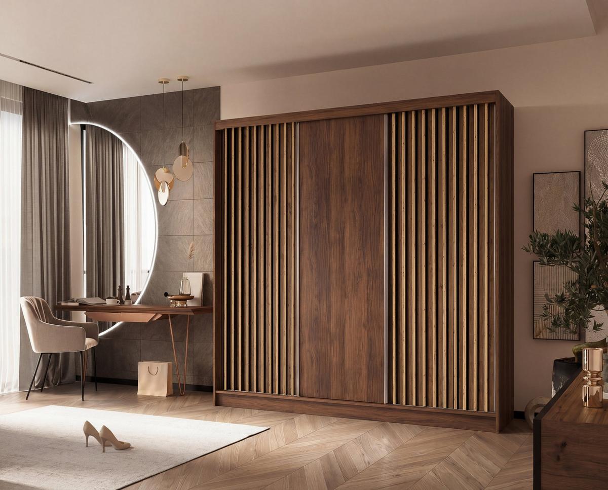 SCHWEBETÜRENSCHRANK LAMELLO 240/216/61 cm Modern Kleiderschrank 3-türig Nussbaumfarben - Nussbaumfarben, Holzwerkstoff (240/216/61cm) - MASSENO