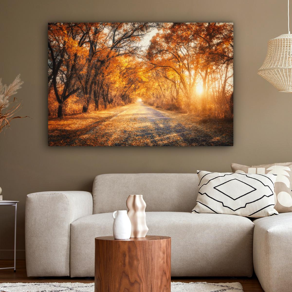 LEINWANDBILD Wald - Herbst - Bäume - Waldweg - Natur XXL 150x100 cm - Bernsteinfarben, Textil (150/100cm) - MuchoWow
