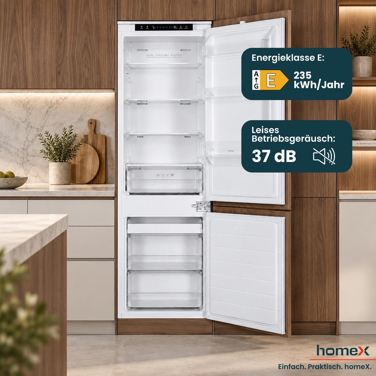 KÜHL-GEFRIER-KOMBINATION CFBN2531E, Einbaugerät, No Frost, 178cm hoch, 253 Liter, Schlepptürtechnik, Einbaukühlschrank mit Gefrierfach, 37 dB - Weiß, Glas/Kunststoff (54/178.6/54cm) - homeX