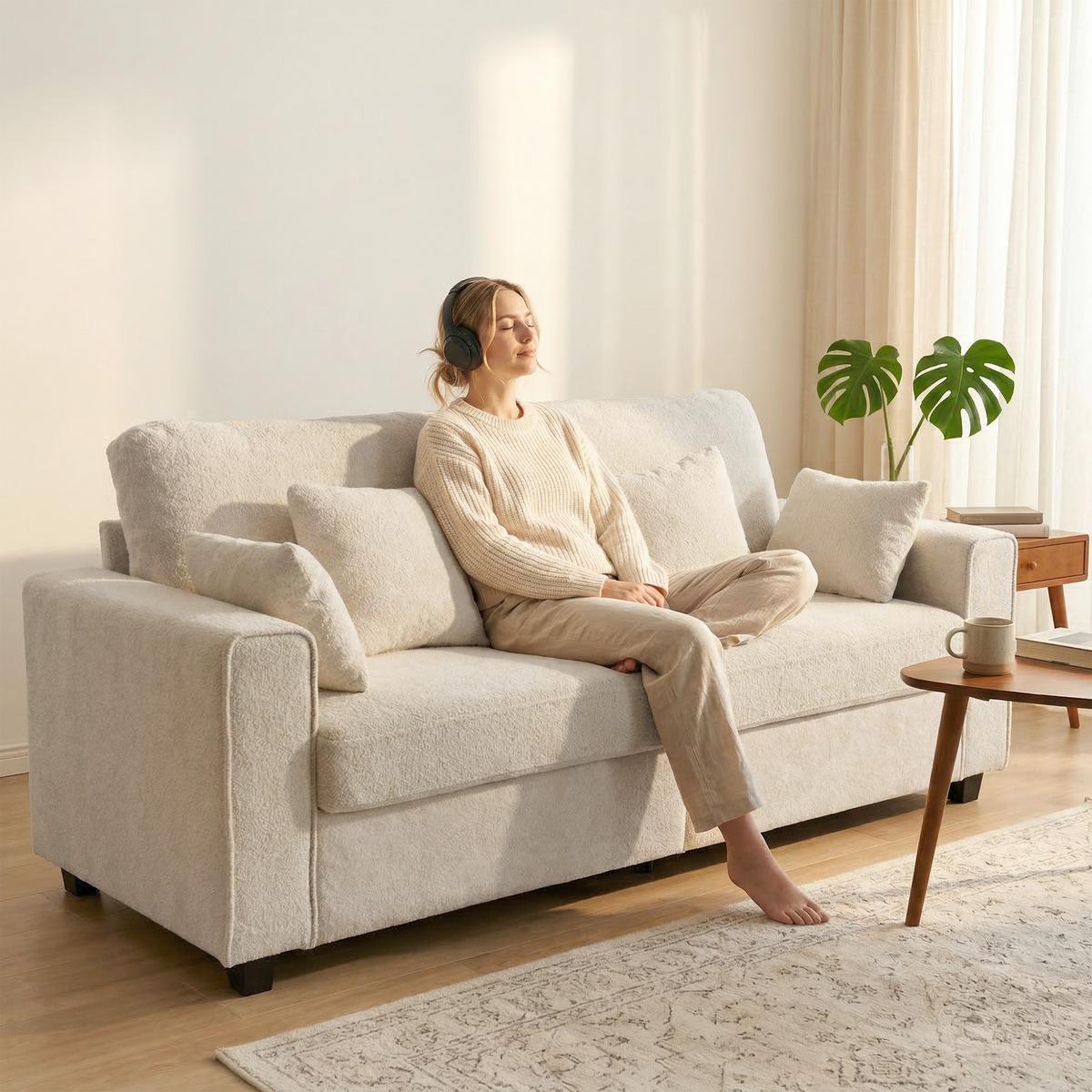 SOFA 3-Sitzer aus Polyester Beige - Beige/Schwarz, Holzwerkstoff/Kunststoff (85/90/211.5cm) - HOMCOM