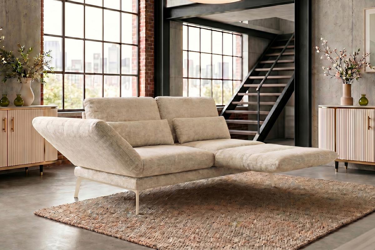 SOFA HOLLY Weiß Flachgewebe - Weiß/Braun, Textil/Metall (176/90/92cm) - KAWOLA