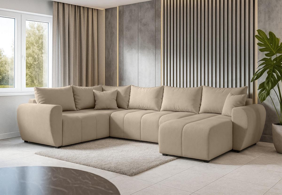 WOHNLANDSCHAFT Malatya U Form MAX Hellbraun 311/145/80 cm mit Schlaffunktion - Hellbraun/Schwarz, Kunststoff/Textil (303/80/208cm) - AX Living