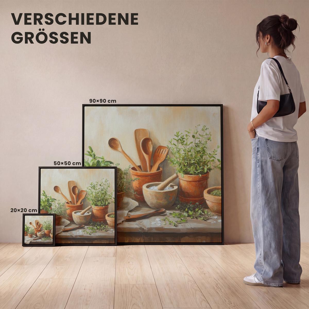LEINWAND Bilder mit Rahmen - Töpfe - Kräuter - Holz - 50x50 - Terracotta, Textil (50/50cm) - MuchoWow