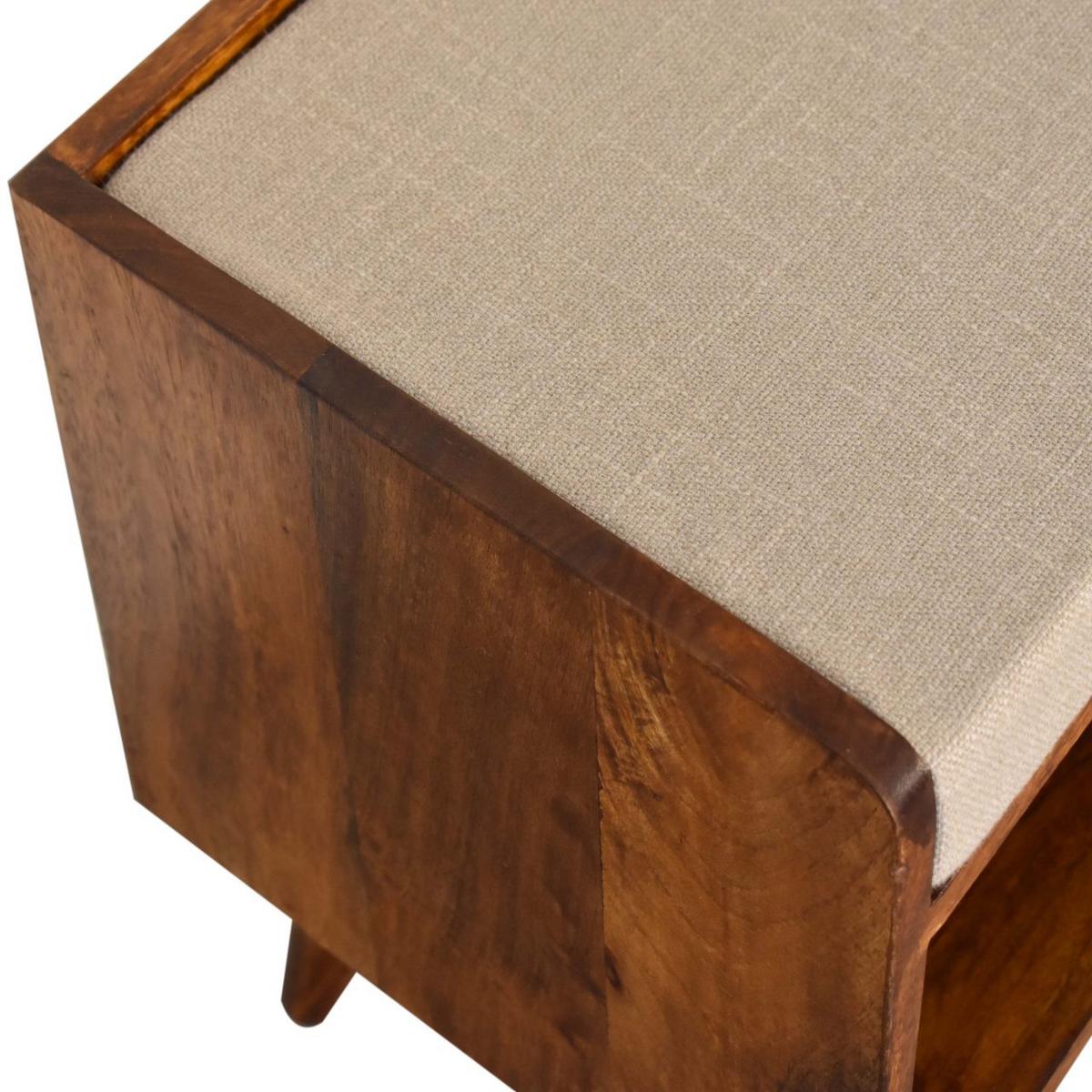 SCHUHBANK Massivholz Mud Leinen Nordic, Gepolsterte Sitzfläche und Offenes Regal zur Aufbewahrung, Dunkelbraun - Beige/Dunkelbraun, Mangoholz/Holz (90/45/34cm) - Artisan Furniture