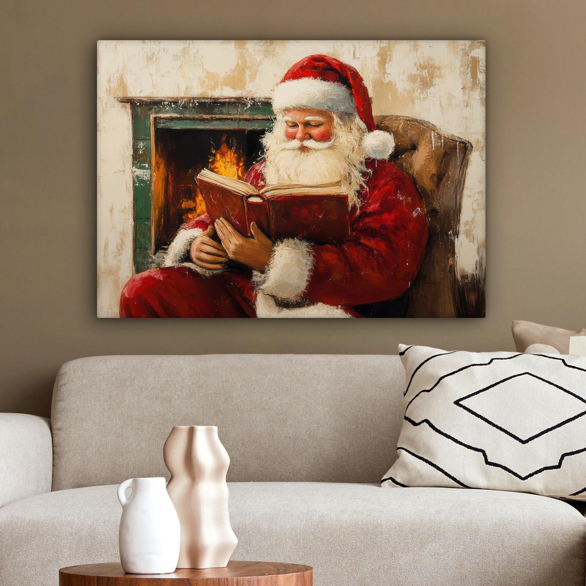 LEINWANDBILD Weihnachten - Weihnachtsmann - Winter - Open Fireside Wandbilder 80x60 cm - Dunkelrot, Textil (80/60cm) - MuchoWow