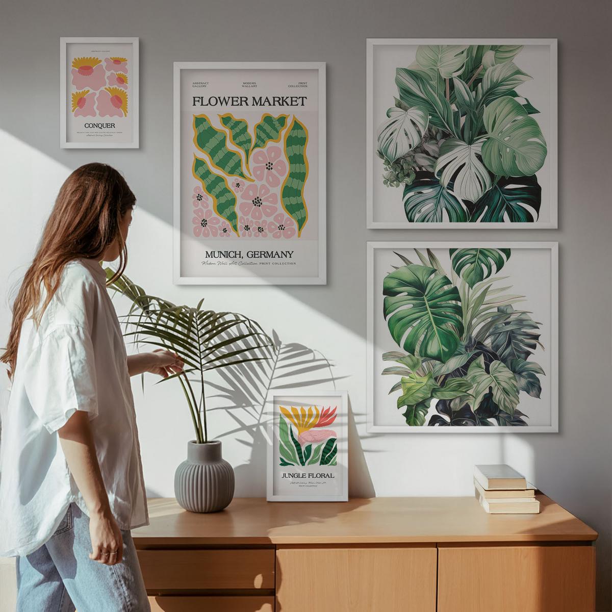 BILDER SET 5er Set - 50x50 cm & 20x30 cm & 40x60 cm Weißer Rahmen - Blumen und Blätter – moderne Poster - Weiß, Kunststoff (40/60cm) - TULUP