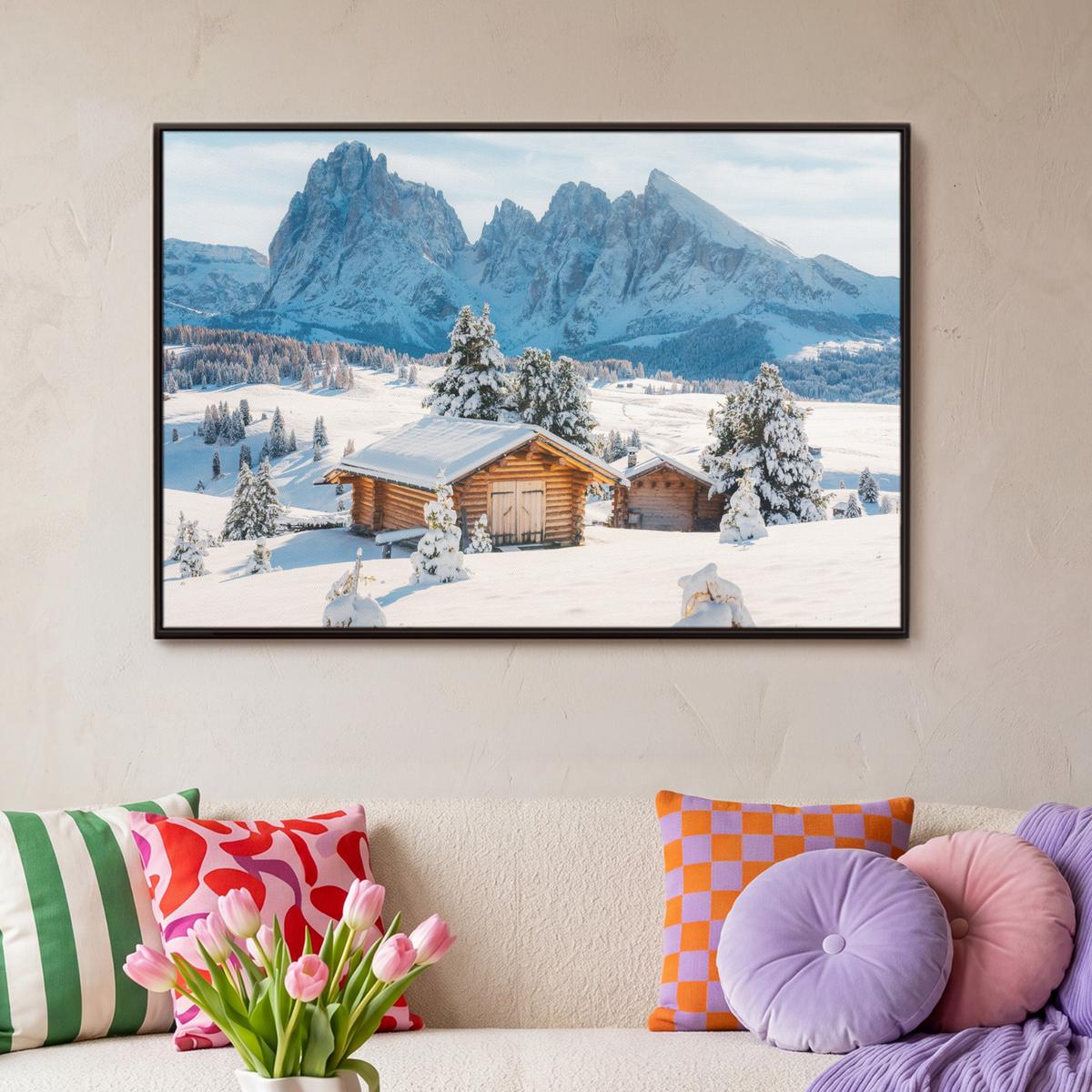 LEINWAND Bilder mit Rahmen - Winter - Hütte - Berge - Aussicht - Schnee - 90x60 - Eichefarben, Textil (90/60cm) - MuchoWow