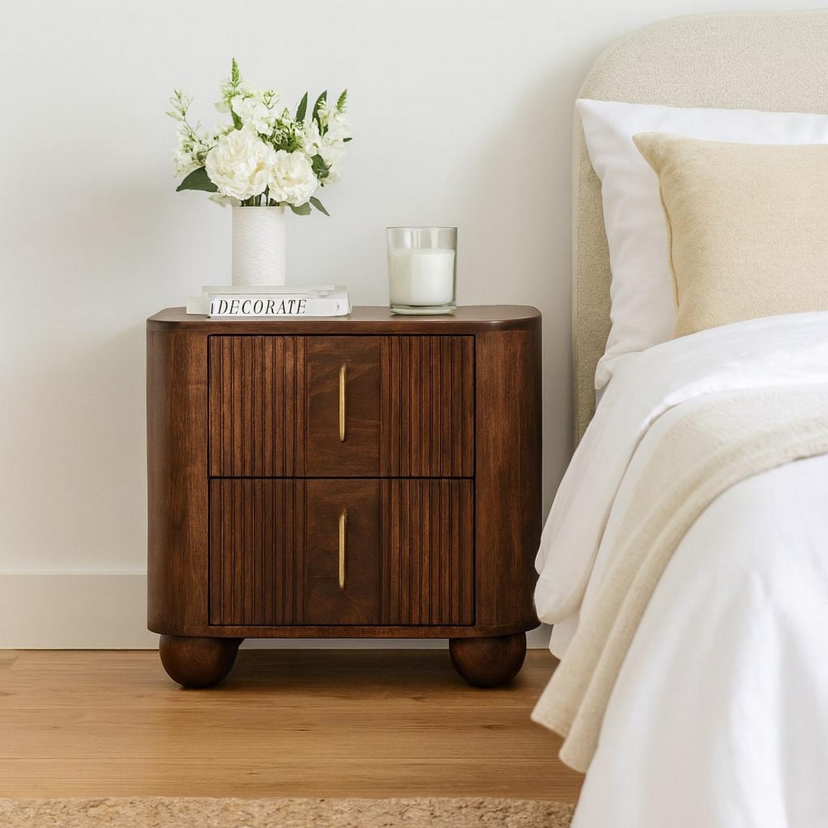NACHTKASTEN Marlowe Geriffelt, 2 Schubladen, Dunkelbraun - Dunkelbraun/Messingfarben, Holz/Metall (55/53/40cm) - Artisan Furniture