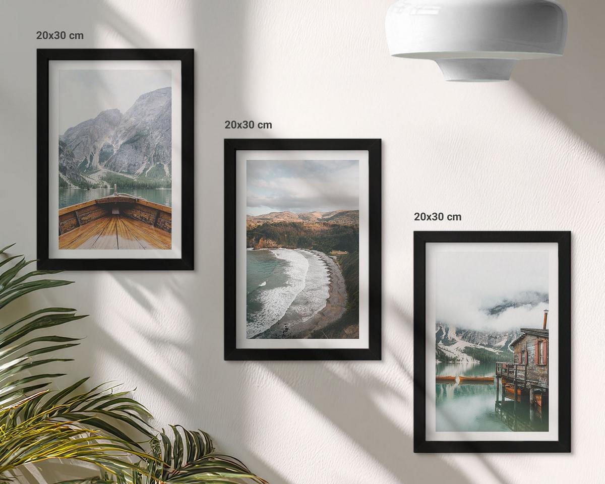 BILDER SET 3er Set - 20x30 cm Schwarzer Rahmen - Berge, See, Boot, Strand, Landschaft - Schwarz, Kunststoff (20/30cm) - TULUP
