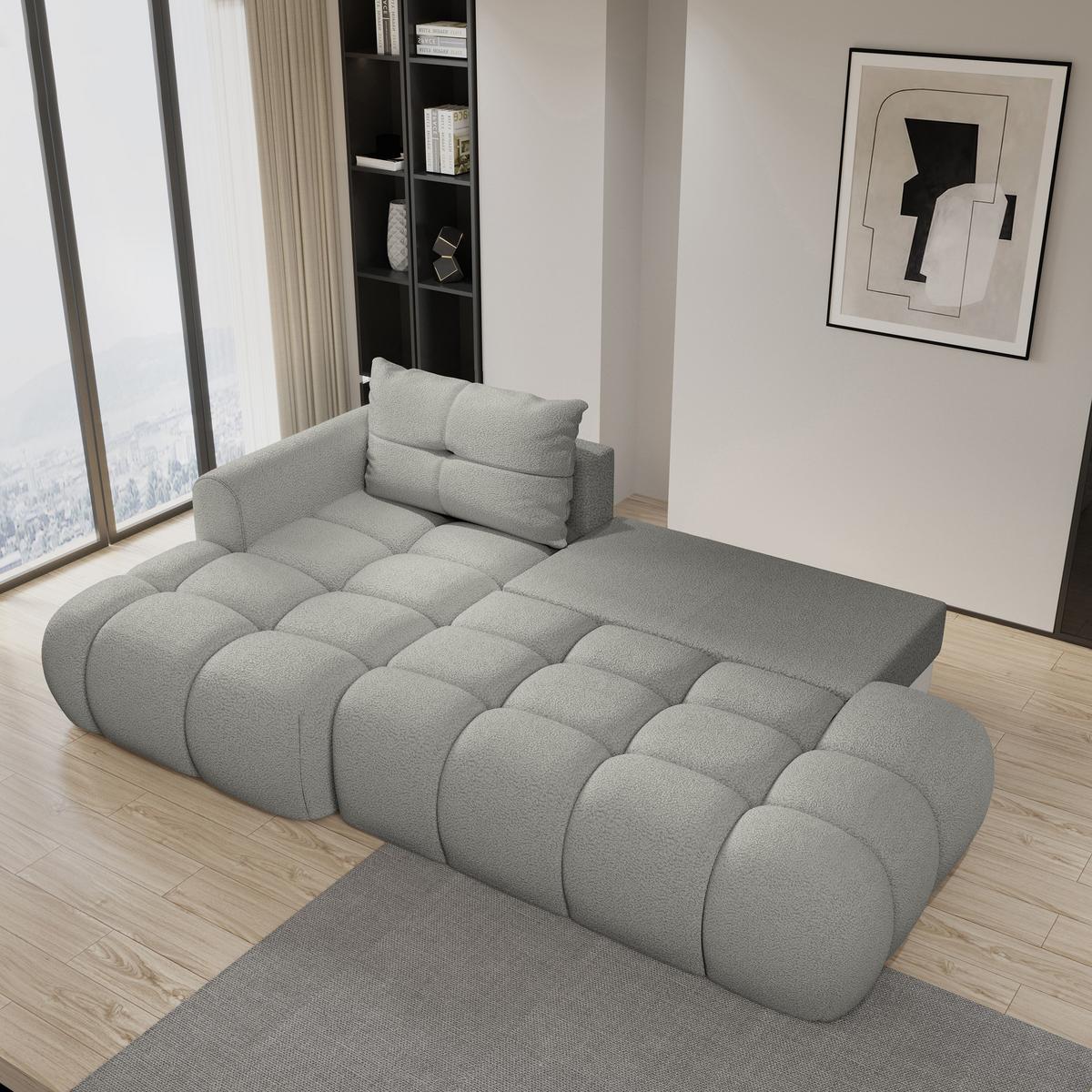 ECKSOFA FLUMA L-S Hellgrau Boucle-Stoff mit Schlaffunktion - Hellgrau, Holz (279/158cm) - MASSENO