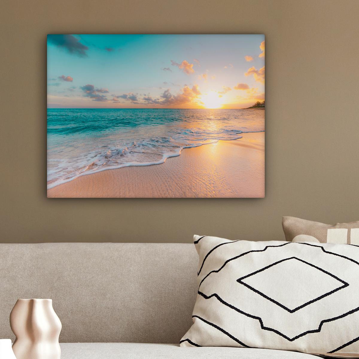 LEINWANDBILD Sonnenuntergang - Strand - Meer - Sommer - Blau Wandbild 40x30 cm - Multicolor, Textil (40/30cm) - MuchoWow