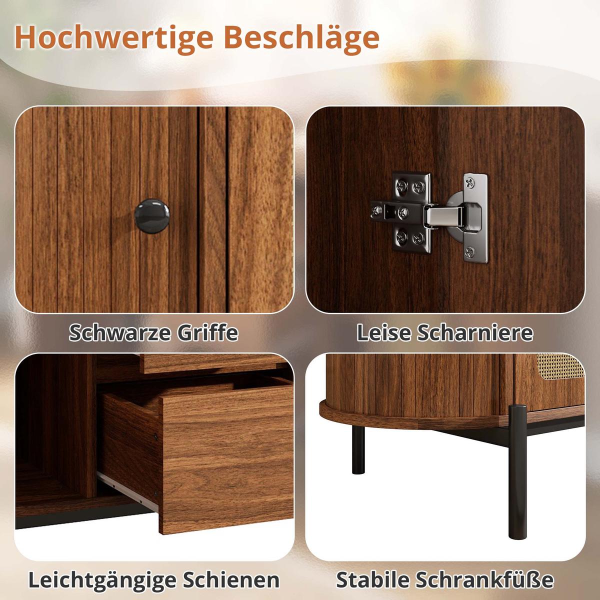 SIDEBOARD in holzoptik mit rattan, ovale form und verstellbaren fächern - Walnussfarben, Holzwerkstoff (140/77.5/38cm) - Urban Meuble